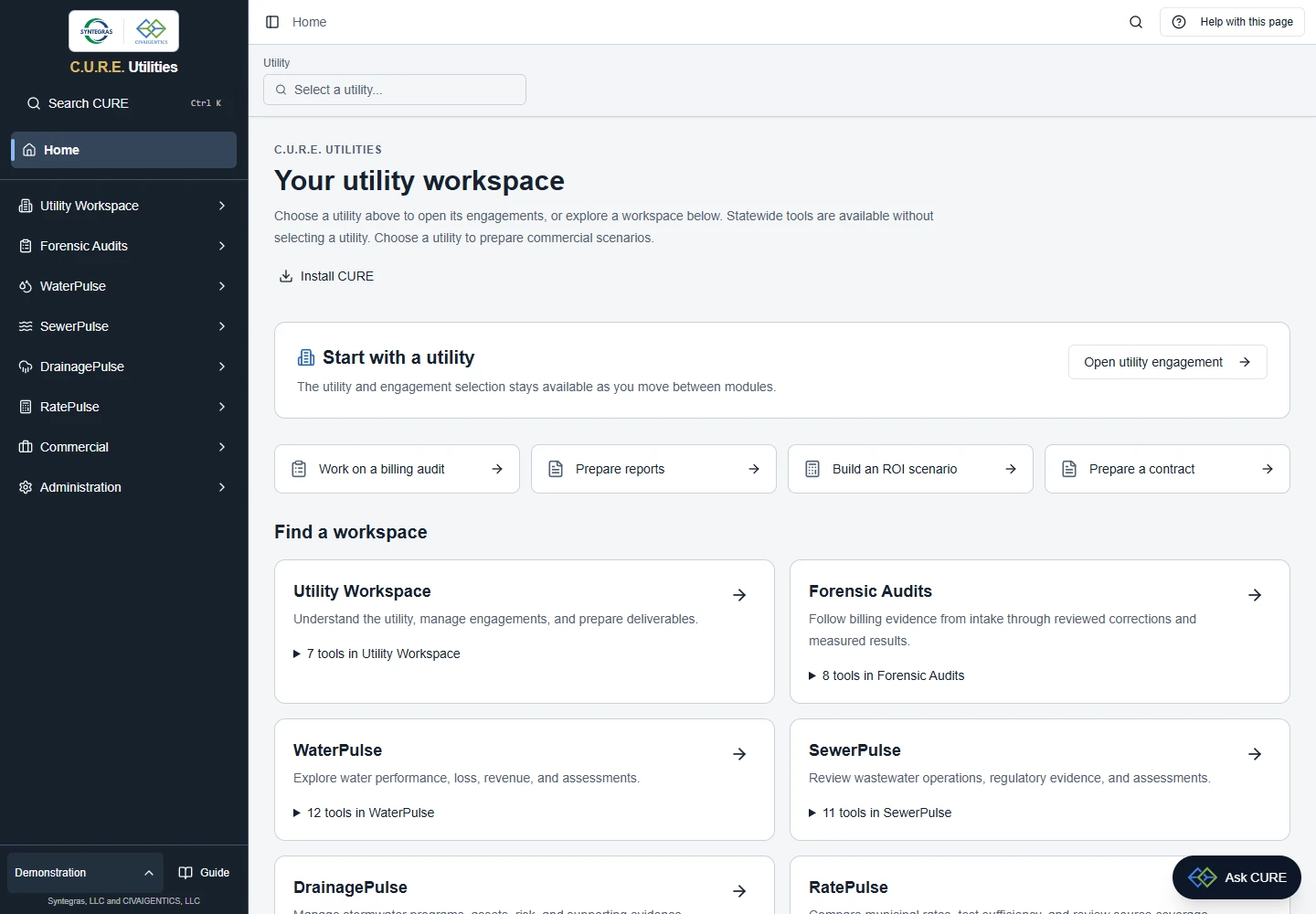 CURE's application home organizes utility workspaces, forensic audits and the four Pulse modules around a shared utility selection.