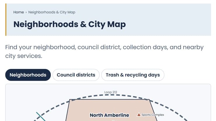 The neighborhoods page of the fictional Amberline website with a city map.