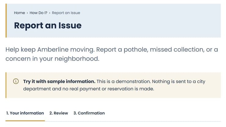 The Report an Issue form on the fictional Amberline website.